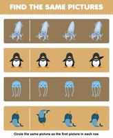 juego educativo para niños encuentra la misma imagen en cada fila de dibujos animados lindo calamar pingüino medusa narval hoja de trabajo subacuática imprimible