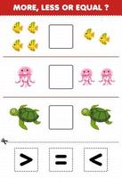 juego educativo para niños cuente más menos o igual a peces de dibujos animados medusas tortuga luego corte y pegue la hoja de trabajo subacuática del signo correcto vector