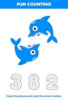 Education game for children count the pictures and color the correct number from cute cartoon dolphin printable underwater worksheet vector