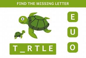 Education game for children find the missing letter of cute cartoon turtle printable underwater worksheet vector