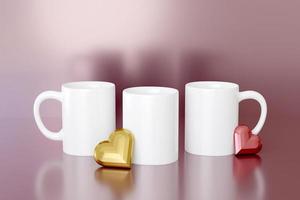 Three mug mockup template on pink glossy background with hearts. Cup reflection on product stage. 3d render scene for logo or sublimation wrap presentation photo