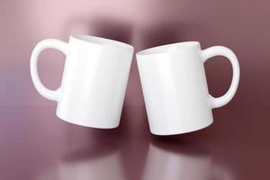 2 white blank coffee mugs with handle on pink background with reflection. 3d render scene with cup in air photo