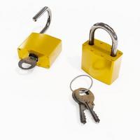 3d illustration photo graphic of Locked and unlocked golden padlock on a white background. taken from the top view. Unlock Lock and keys.