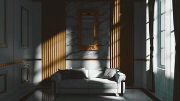 sala de estar suavemente iluminada con muebles y decoración de paredes. representación 3d foto