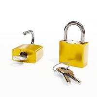 3d illustration photo graphic of Locked and unlocked golden padlock on a white background. taken from a perspective view.