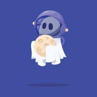 Ghost Astronaut Character Holds Full Moon Illustration vector