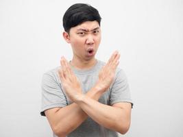 Young Asian man black shirt cross arm disagree say no looking at camera on white isolate background photo