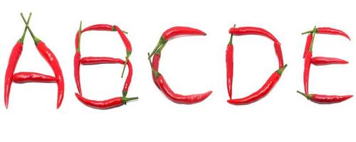 A to E red chilli for make text and word on white isolated background photo