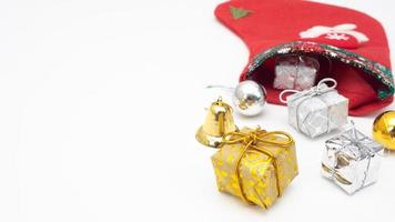 Close up Christmas ornaments gold and silver color on white isolated copy space photo