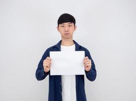 Man showing blank white paper isolated photo