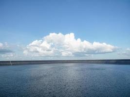 Reservoir at dam with blue sky and wind turbine.reservoir on the mountain,Water in reservoir landscape photo