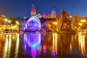 The Flame Towers in Baku, Azerbaijan. A view of the city skyline at night, 2022 photo