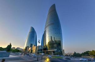 The Flame Towers in Baku, Azerbaijan. A view of the city skyline with the towers, 2022 photo