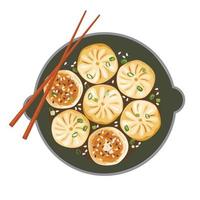 Pan Fried Buns or dumplings. View from above. Asian food vector illustration.