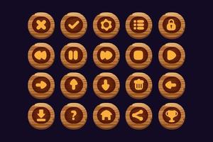 Game buttons of wooden and gold texture cartoon menu interface elements vector