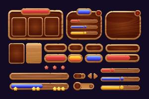 Game buttons of wooden and gold texture cartoon menu interface elements vector