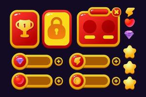 conjunto de botones de menú de activos del juego, pantallas emergentes y botones de configuración rojos y amarillos vector
