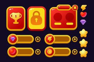 Set of game assets menu buttons popup screens and settings buttons red and yellow vector