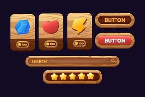 Game buttons of wooden and gold texture cartoon menu interface elements vector