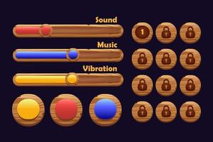 Game buttons of wooden and gold texture cartoon menu interface elements vector