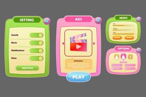 Cute and fresh game ui for mobile or windows with green and pink color vector