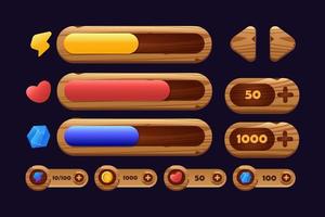 Game buttons of wooden and gold texture cartoon menu interface elements vector