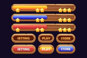 Game buttons of wooden and gold texture cartoon menu interface elements vector