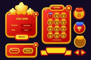 Set of game assets menu buttons popup screens and settings buttons red and yellow vector