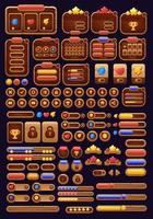 Game buttons of wooden and gold texture cartoon menu interface elements vector