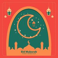 happy eid al fitr cartoon banner with cute lantern crescent moon background illustration vector