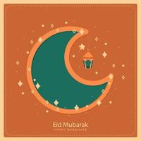 happy eid al fitr cartoon banner with cute lantern crescent moon background illustration vector