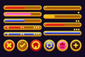 Set of game assets menu buttons popup screens and settings buttons red and yellow vector