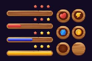 Game buttons of wooden and gold texture cartoon menu interface elements vector