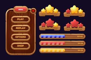 Game buttons of wooden and gold texture cartoon menu interface elements vector