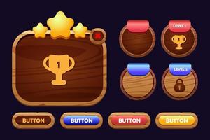 Game buttons of wooden and gold texture cartoon menu interface elements vector