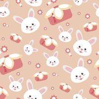 A pattern of cute hares on a pink background with traditional Korean gifts and decor in the form of flowers and beads. The year of the rabbit is 2023. A repeating pattern for a girl vector