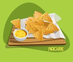 Illustration of Mexican food nachos on a tray with a napkin and cheese sauce on a green background. Bright kitchen illustration. Suitable for printing on banners and flyers, restaurant menus vector