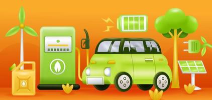 energía verde. 3d ilustración de coche eléctrico, gasolinera, panel solar, turbina eólica y batería vector