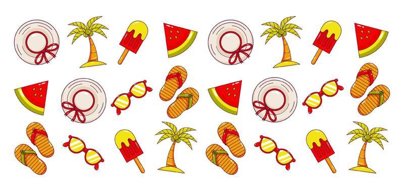 Summer holiday. Hat, glasses, ice cream, sandals, coconut tree and watermelon icon pattern