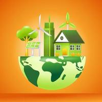 energía verde. Ilustración 3d de casa, edificio. paneles solares y turbinas eólicas sobre la tierra vector