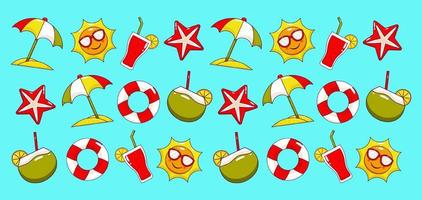 Summer holiday. Sun, coconut water, umbrella, float and juice icon pattern vector