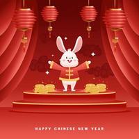 Chinese Year of Rabbit Cartoon Character Happy with a lot of Money on Stage vector