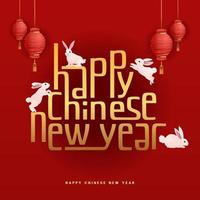 Happy Chinese New Year Letter with Cute Rabbits and Lantern for Banner Background Red Color vector