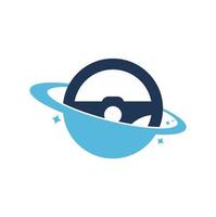 Drive planet vector logo design. Steering wheel orbit symbol or icon