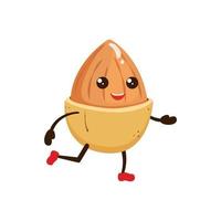 Almond kawaii. Walnut in the form of a running character. Cute food emoji vector