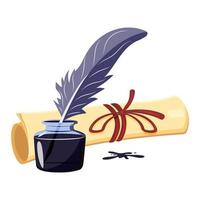 Ink with feather and roll of parchment. Poetry symbol. Vector illustration of an inkwell with an ancient scroll of paper