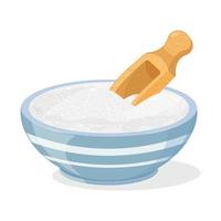 Pile of sugar in blue cup with wooden scoop. Vector illustration of plate with white refined sugar. Glucose is crystalline