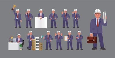 ingeniero de construcción con diferentes poses vector