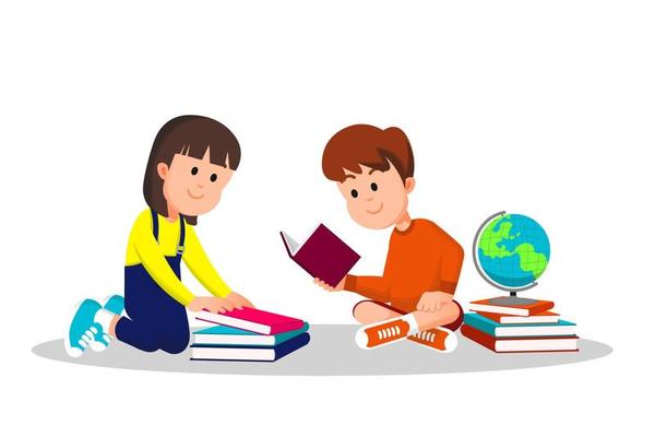 Boy and little girl reading a book together
