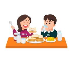 Happy boy and little girl have breakfast together vector